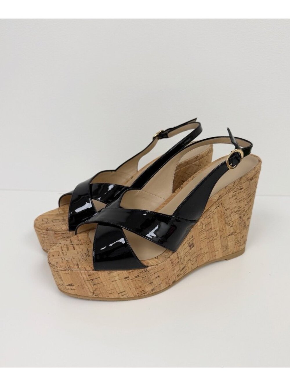 Stuart Weitzman Womens Carmen Black Patent Leather Slingback Wedge Platform 9.5